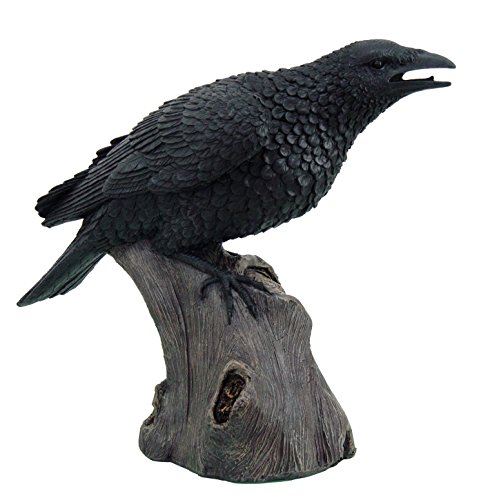 Large 14" Tall Black Raven Crow Bird on Tree Stump Statue Figurine Stalking Dying Prey