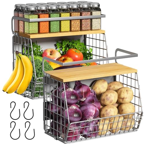 Magnetic Shelf for Fridge with Wood Lid, Fruit Potato and Onion Storage Bins, Pantry Organizers & Storage, Large Container Magnetic Spice Rack for Refrigerator, Kitchen Counter, Cabinet (2, Silver)