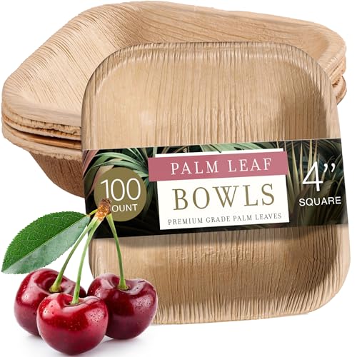 brheez Palm Leaf Bowls 100 Ct (4 Inch) - Eco Friendly, Compostable & Biodegradable – Elegant Bamboo Look Disposable Bowls are Heavy Duty and More Environmentally Friendly than Paper Bowls
