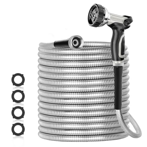 SPECILITE 50ft 304 Stainless Steel Garden Hose Metal, Heavy Duty Water Pipe with Nozzles for Yard, Outdoor - Flexible, Never Kink & Tangle, Puncture Resistant (Sliver)