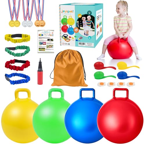 4-in-1 Carnival Outdoor Game Combo Set for Kids - 4PCS 18” Hopper Balls, 4 Legged Race Bands, 4 Egg Spoon Relay Race, Family Reunion Yard Lawn, Birthday Party,Spring/Fall Sports Activities Agility Set