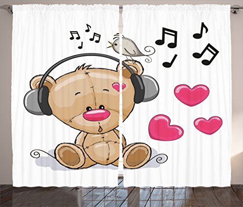 Ambesonne Music Curtains, Teddy Bear with Headphones Twitting and Singing a Bird with Heart Shapes Cartoon Style of Illustration, Living Room Bedroom Window Drapes 2 Panel Set, 108" X 84", Brown Pink