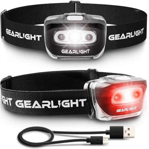 GearLight USB Rechargeable Headlamp Flashlight - S500 Running, Camping, and Outdoor LED Headlight Camping Headlamps - Head Lamp Light for Adults, Kids, Emergency Gear [2 Pack]