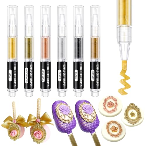 Edible Paint Pen - Edible Glitter Paint Metallic Edible Markers 6 Colors Food Paint Gold Cake Decorations Food Coloring Pen for Cookies Icing Decorating, 3ml / Pen