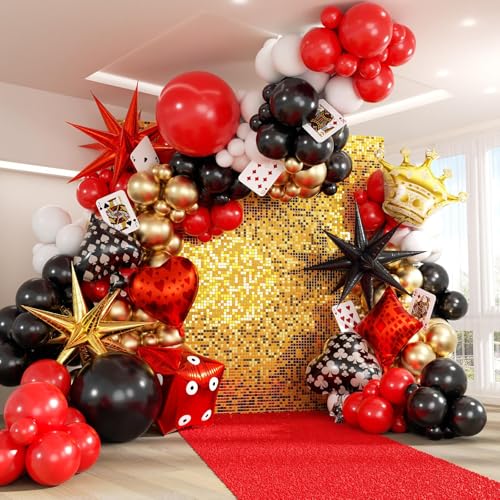 165pcs Casino Balloon Arch Garland Kit, Red Black Gold Balloons with Star Crown Dice Poker Foil Balloons for Birthday Casino Night Las Vegas Casino Theme Party Decorations