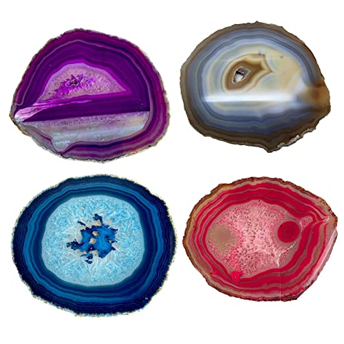 AMOYSTONE Decorative Stone Coasters Agate Slice Set of 4 Coaster Drinks Coffe Cup Mat Mixed 4-5" with Rubber Bumpers, Home Decor
