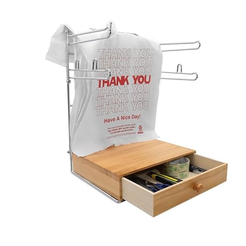 ZERTNROW Grocery Bag Holder Wooden Drawers Base, Detachable Plastic Bag Organizer, Chrome Plated Metal Convenient Bag Holder, for Stores, Grocery Store，Supermarkets, Homes, Kitchens