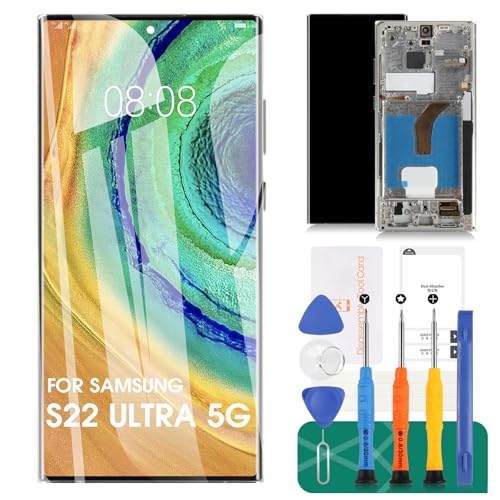 OLED for Samsung S22 Ultra 5G Screen Replacement for Samsung Galaxy S22 Ultra 5G LCD Display SM-S908 SM-S908B Digitizer Touch Screen Assembly with Frame US Version Silver (with Fingerprint)