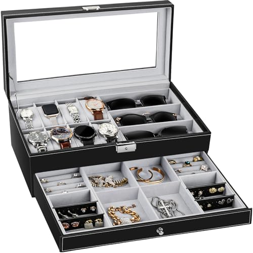 TomCare Watch Box Watch Case Jewelry Organizer Holder Jewelry Display Box Case Sunglasses Storage Organizer Lockable with Glass Top and PU Leather for Men Women, Black