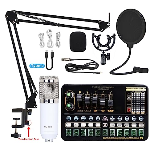 Sound Card Kit Professional Condenser Microphone Bm 800 Wireless Bluetooth V10 Pro Sound Card for Pc Computer Phone Karaoke Live Singing Gaming Studio Setu,White Bm800-1