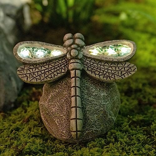 Rezpuao Garden Statue Dragonfly,Solar Dragonfly Decor for Outdoor,Resin Dragonflies Figurine with Solar Light for Patio,Balcony,Yard,Lawn Ornament,Perfect Garden Gift