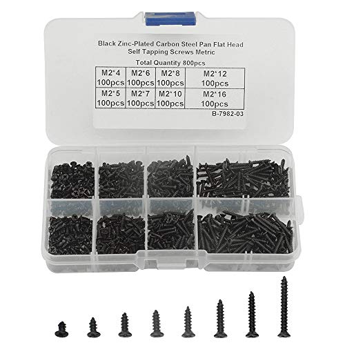 XINGYHENG 800Pcs 8 Kinds M2 Stainless Steel Black Self Tapping Screw Black Oxide Flat Cross Recessed Pan Head Screw Assortment Kit Collected in A Convenient Case