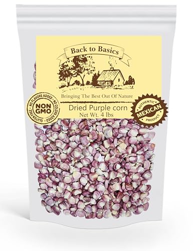 Back to Basics Dried Corn – 4 lb Resealable Bag – Non-GMO Whole Kernel Corn for Tortillas, Pozole, Soups, Cornbread, Flour & More – Heirloom Quality for Traditional Cooking (4 Pounds, Purple Corn)