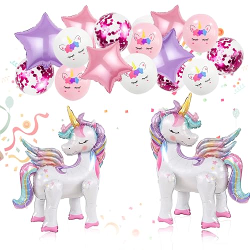 16 Pcs Unicorn Balloons Kit for Birthday Party Decorations - 2 Self Standing 3D Foil Unicorns, 4 Stars & 10 Printed Latex with Tying Tool (No Helium Needed)