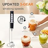 YUSWKO Black Handheld Milk Frother Wand with Stand for Coffee, Rechargeable Electric Whisk with 3 Heads 3 Speeds Drink Mixer Coffee Frother For Latte, Cappuccino, Hot Chocolate, Egg