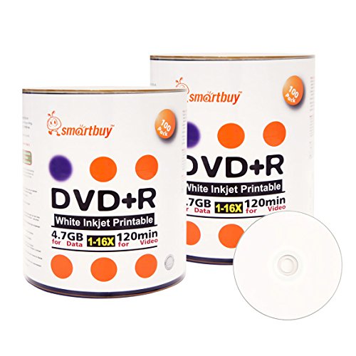 Smart Buy 200 Pack DVD+R 4.7gb 16x White Printable Inkjet Blank Media Record Disc, 200 Disc 200pk