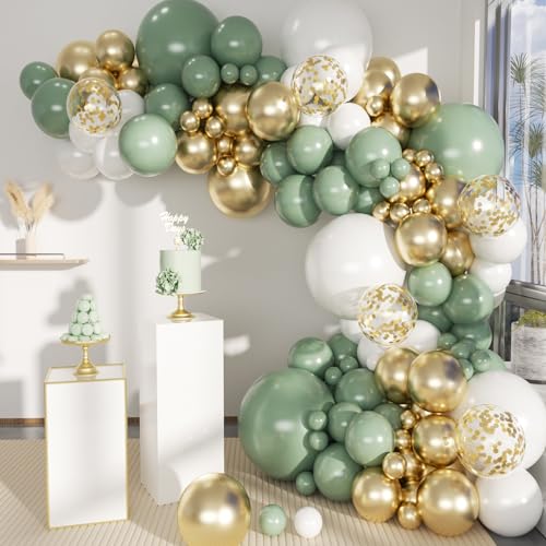 MEBAY Sage Green White Gold Balloon Garland Arch Kit, 146Pcs Latex Balloons Different Sizes 18 12 10 5 Inch for Birthday Baby Shower Gender Reveal Wedding Party Decoration