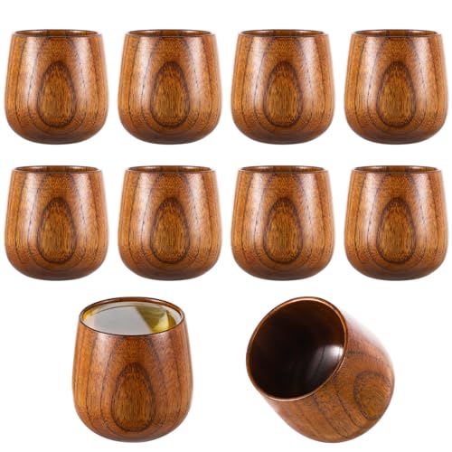 10 Pcs Wooden Tea Cups Top Grade Natural Solid Wood Tea Cup, Natural Solid Wood Sake Cups, Water Drinking Cups, Japanese Teacups, Heat-Resistant Wood Cups for Juice, Milk, Beer, Coffee, 6 oz