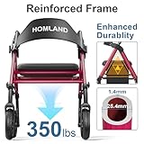 HOMLAND Walkers for Seniors with Seat, Foldable Rollator Walker, Reinforced Aluminum Frame, 8" Big Rubber Wheels for All Terrain, Height Adjustable Lightweight Rolling Walker