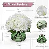 Hollyone White Hydrangeas Floral Arrangement in Glass Vase Artificial Flowers with Vase with Faux Water Silk Faux Flowers Fake Floral Bulk Bouquet for Home Decor Table Centerpiece Decorations