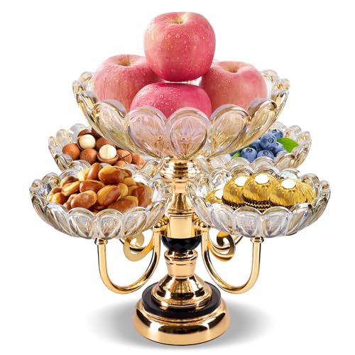 Glass Fruit Bowl Rotating Serving Plates, British Royal Series Crystal Fruit Basket Fruit Bowl for Kitchen Counter Home Decor, 2 Layers & 5 Flower Shaped Fruit Bowls, Candy Snack Appetizer Platter