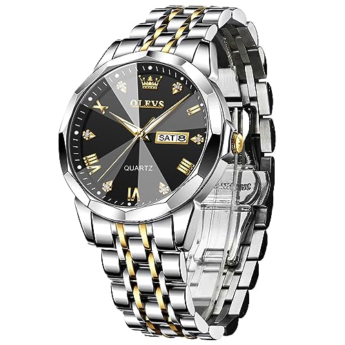 OLEVS Men's Black Watches Two Tone Stainless Steel Band Day Date Quartz Watches for Men Diamond Dial Roman Number Men's Dress Watch with Battery Casual Hands Mens Wristwatch for Father Reloj Hombre
