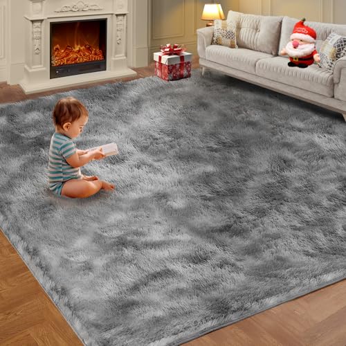 Luxury 8x10 Large Area Rugs for Living Room, Super Soft Fluffy Modern Bedroom Rug, Big Indoor Thick Soft Nursery Rug, Non-Skid Nursery Faux Fur Carpet for Kids Room Home Décor，Tie-Dyed Light Grey