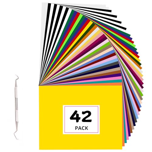 HTVRONT Heat Transfer Vinyl - 42 Pack Iron on Vinyl HTV Vinyl Sheets 30 Assorted Colors with 2 Teflon Sheets, 12" x 10" HTV Sheets, Easy to Cut & Weed & Transfer