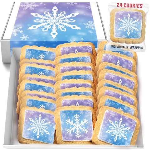 Snowflake Cookies Frozen in Individually Wrapped Snowfake Winter themed Theme Party Favors 24 Pack Bulk for Kids Birthday Party Sugar Cookie Blue White Purple