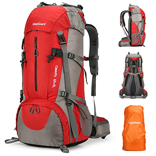 King'sGuard 70L Hiking Backpack Large Lightweight Waterproof Camping Backpack Travel Backpacking Backpack Daypack with Rain Cover -Frameless (Red)
