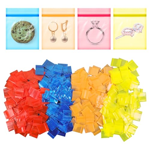 200pcs 1"x1" 4 Mil Mini Plastic Bags, Colored Transparent Small Zip Lock Bags Resealable Colorful Clear Tiny Zipper Bags Pouches All Purpose Storage Bags for Jewelry, Snack, Beads, Bolts, Pills