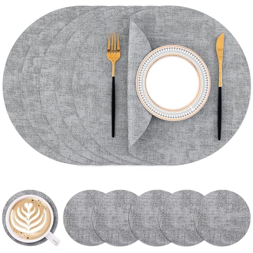 Homaxy Round Faux Leather Placemats and Coasters, Washable Dual-Side Table Mats, Wipeable Heat-Resistant Dining Place Mats for Outdoor and Indoor, Set of 6, Diameter 13 and 3.93 inch, Light Grey