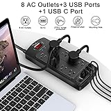 Surge Protector Power Strip - Nuetsa Flat Plug Extension Cord with 8 Outlets and 4 USB Ports, 6 Feet Power Cord (1625W/13A), 2700 Joules, ETL Listed, Black