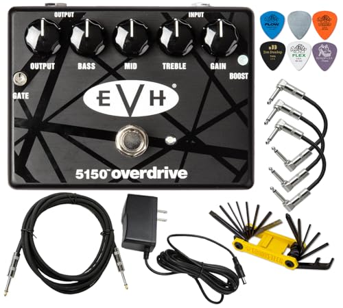 MXR EVH5150 Overdrive Distortion Electric Guitar Effects Pedal with Boost Switch and Noise Gate Featuring Tonebird 1500mA 9V Adapter, Patch Cable, Multi-Tool, Picks Bundle