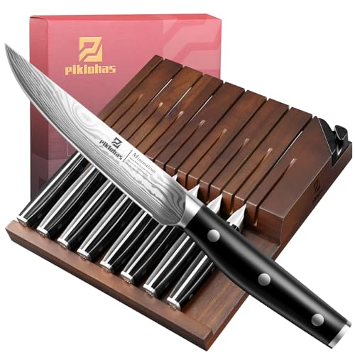 Piklohas Steak Knives Set of 8 with Drawer Organizer Built-in Sharpener, 4.6 Inch Non Serrated Dinner Knife, Forged German Steel Damascus Pattern Straight Edge Meat Knife with Full Tang Handle, Black