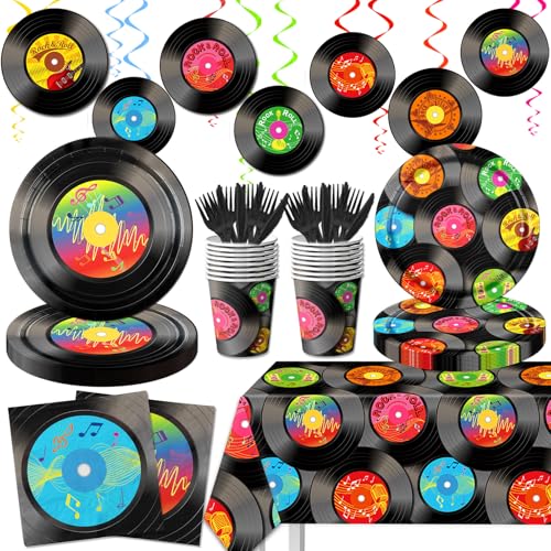 142Pcs Record Theme Tableware Set, 50's Party Decorations Record Paper Plates and Napkins, Cups, Tablecloth, Hanging Swirls Record Banner for 1950's Rock Music Party Supplies