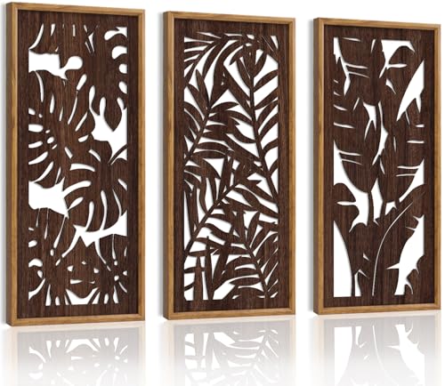 HPNIUB 3PCS Tropical Wall Decor, Rustic Palm Leaf Wooden Sign for Bathroom, Vintage Leaf Plant Hanging Wood Plaque Wall Art Nature Picture for Home Office Living Room Decoration(8x16Inch)
