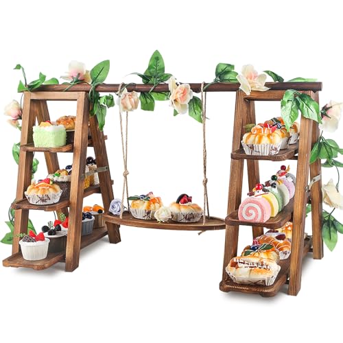 Wisreach Wooden 3 Tier Cupcake Stand with Swing and Flower Decoration Serving Removable Tray Display Serving Ladder Foldable Stand with Serving Platter Tray Party Food Display Set for Cake Snack Fruit Chips Bread Centerpieces Catering