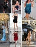 Women's Sequin Cocktail Dresses 1920s Flapper Dress Gatsby Fringe Mini Dresses Feather Prom Party Dress(A-Red,S)