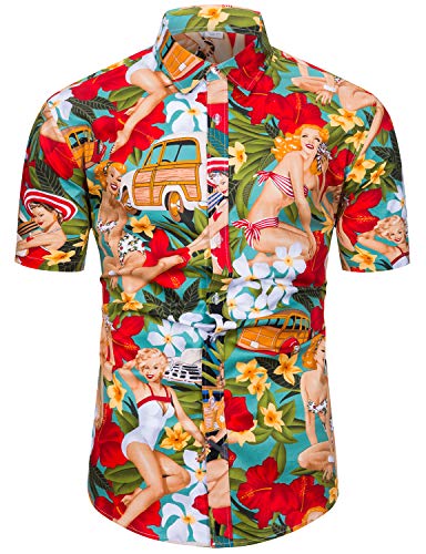 TUNEVUSE Mens Hawaiian Shirt Short Sleeve Tropical Hula Girl Print Button Down Vintage Pin Up Beach Shirt Blue 3X-Large