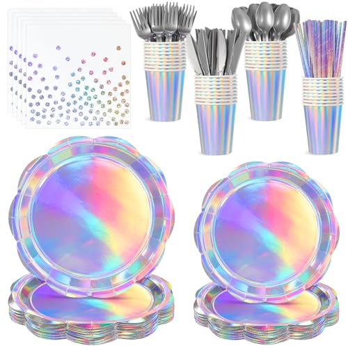 200 Pcs Iridescent Party Supplies Decorations, 25 Guest Scalloped Iridescent Graudation Plates and Napkins Bachelorette Decorations Holographic Tableware for Birthda Bridal Wedding Disco