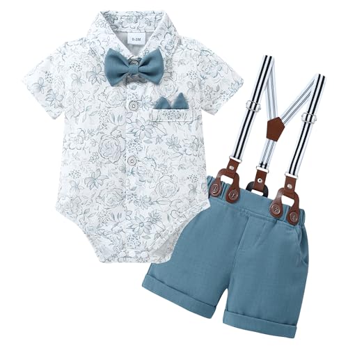 YALLET Baby Boy Clothes Suit Infant Boy Gentleman Outfits Dress Romper Shirt+Bowtie+Suspender Shorts(Blue Print, 3-6 Months)