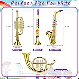 Treela Set of 4 Musical Instruments Toy Clarinet, Toy Saxophone, Trumpet, and Horn for Beginners, 4 Wind and Brass Musical Instruments Combo with Over 10 Color Keys Coded for Boys Girls(Gold)