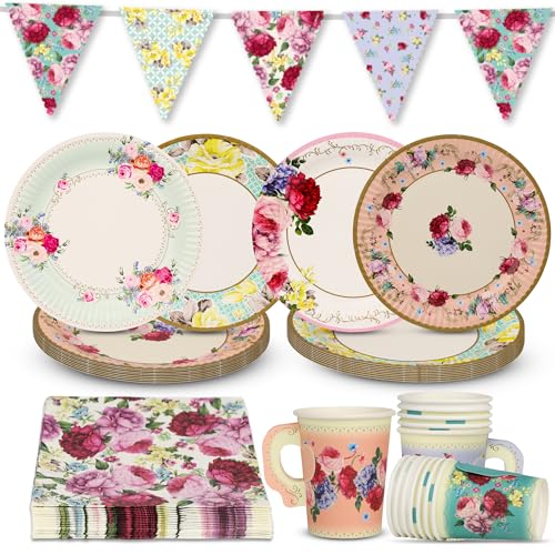 Talking Tables Floral Afternoon Tea Party Decorations for 16 Guests Disposable Tableware Set Pretty Paper Plates Napkins, Teacups, Bunting Tablecloth for Birthday, Mother's Day, Baby Shower, Made