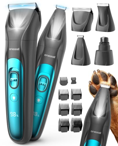 oneisall Silent Dog Clippers for Grooming, LED Light Dog Paw Trimmer Dog Nail Grinder, Rechargeable 2000mAh Dog Grooming Clippers Cordless Dog Hair Trimmer Electric Dog Trimmer for Small Dog Large Dog