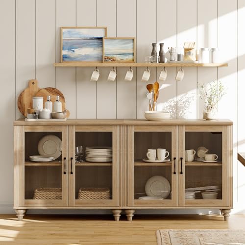 WAMAPT Sideboard Buffet Cabinets with 4-Glass Door, Kitchen Storage Cabinets, Wood Coffee Bar Tables with Adjustable Shelf, Accent Sideboard Storage Cabinet Table Dining Room, Living Room,Oak 68 inch