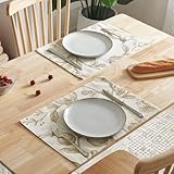 JINCHAN Floral Placemats Set of 4 Linen Place Mats Farmhouse Cloth Table Mats Holiday Seasonal Rustic for Kitchen Dining Home Decor Tablemats Non-Slip Washable 13x19 Inch Tan