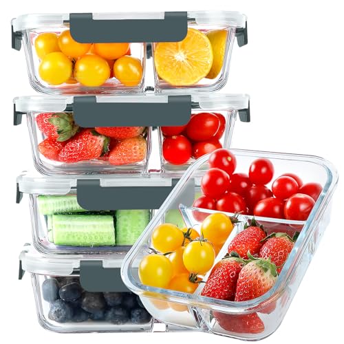 KOMUEE Glass Meal Prep Containers 3 Compartments, 5 Pack 36 oz, Glass Food Storage Containers with Lids, Airtight Lunch Bento Box, Portion Control, Freezer and Microwave Safe