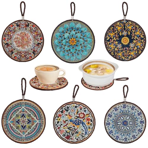 Round Placemats Set of 6 Ceramic Table Placemats with Cork Base Heat-Resistant and Non-Slip placemats Round Vintage Style can be Used for Coasters Soup Pot Bowl teapot Coasters Table Decorations