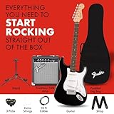 Fender Squier Debut Series Stratocaster Electric Guitar Kit, Beginner Guitar Kit, with 2-Year Warranty, with Padded Gig Bag, Frontman 10G Amp, Strap, and More, Includes Free Lessons, Black